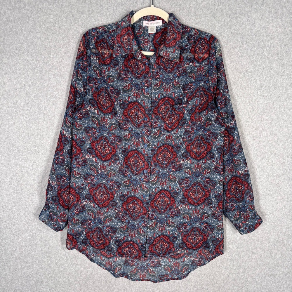 Band of‎ Gypsies Boho Paisley Sheer Blouse Sz M Blue Red Tunic Festival Cover Up